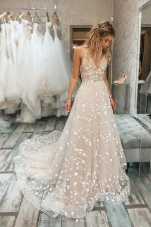 Champagne v neck tulle lace long prom dress champagne evening dress