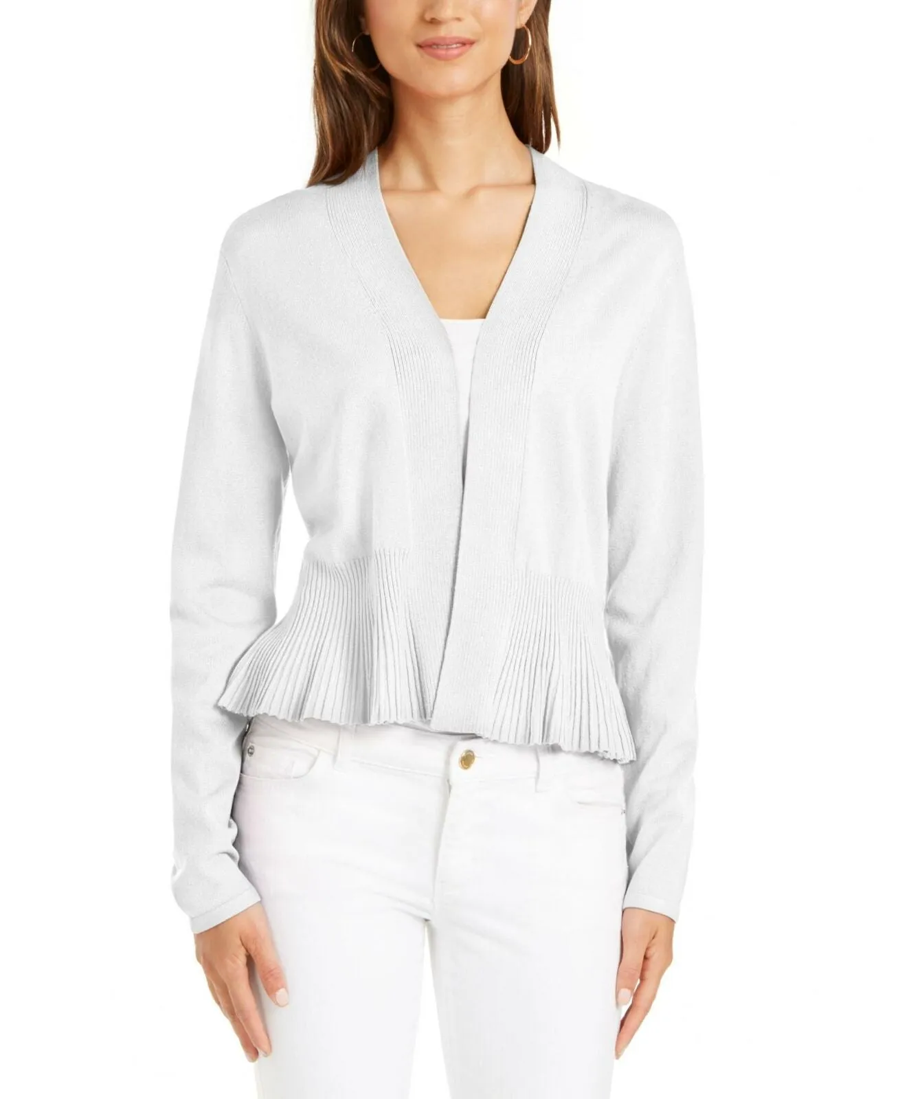 Charter Club Women's Solid Peplum Cardigan Sweater Bright White Medium