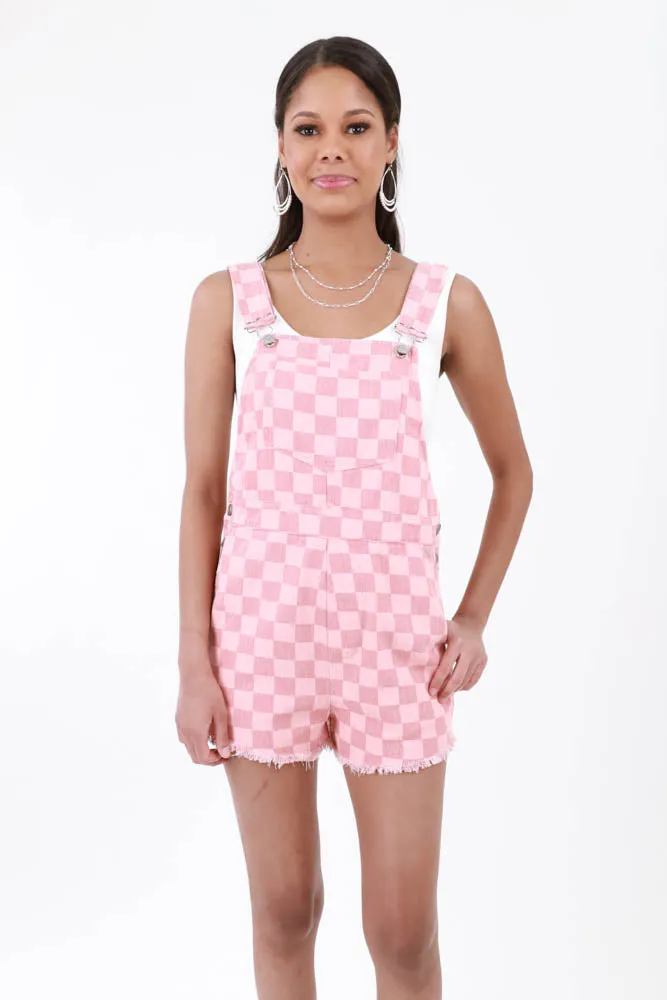 Checkered Denim Short Overalls -Blue