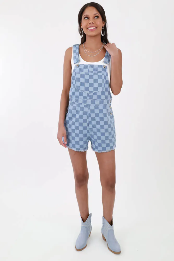 Checkered Denim Short Overalls -Blue