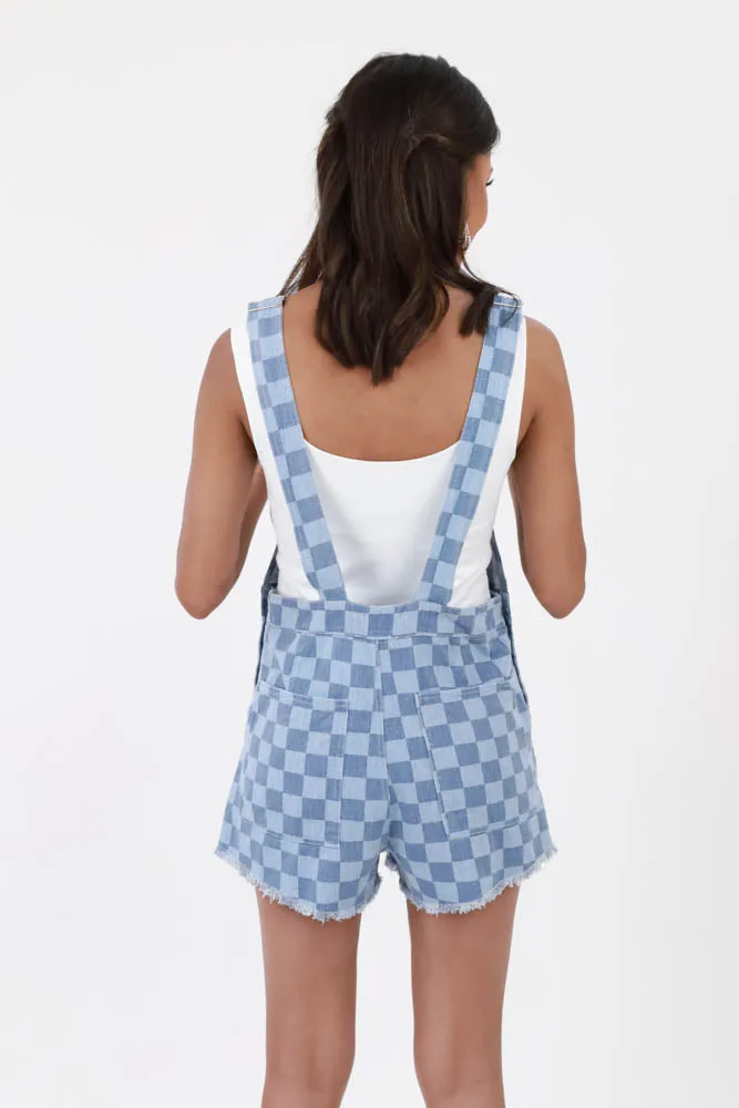Checkered Denim Short Overalls -Blue