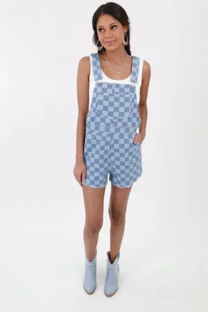 Checkered Denim Short Overalls -Blue