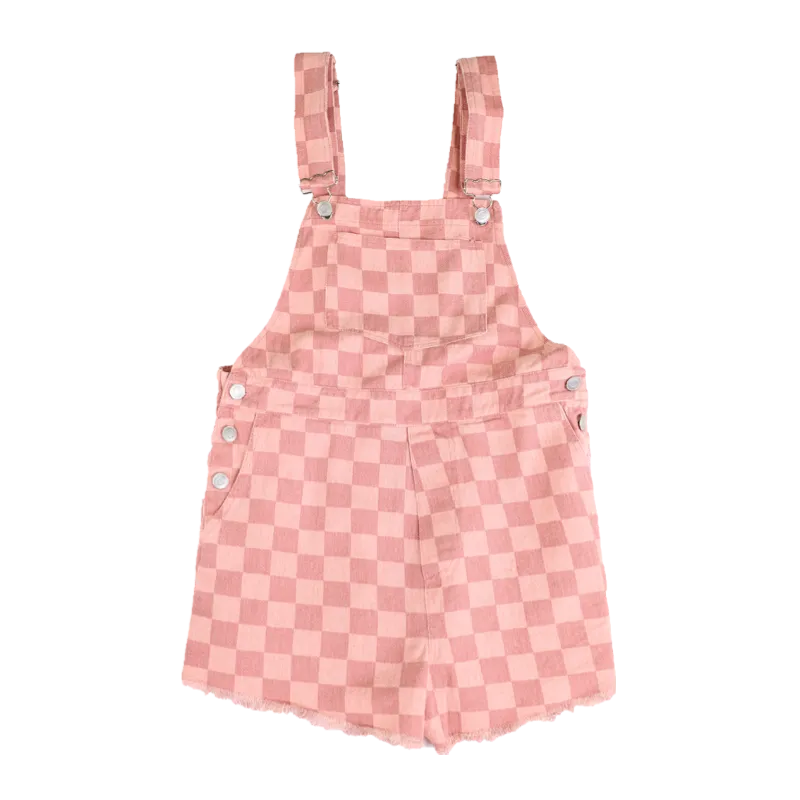 Checkered Denim Short Overalls -Pink