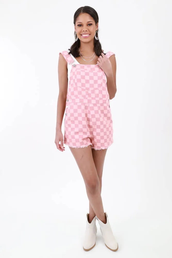 Checkered Denim Short Overalls -Pink