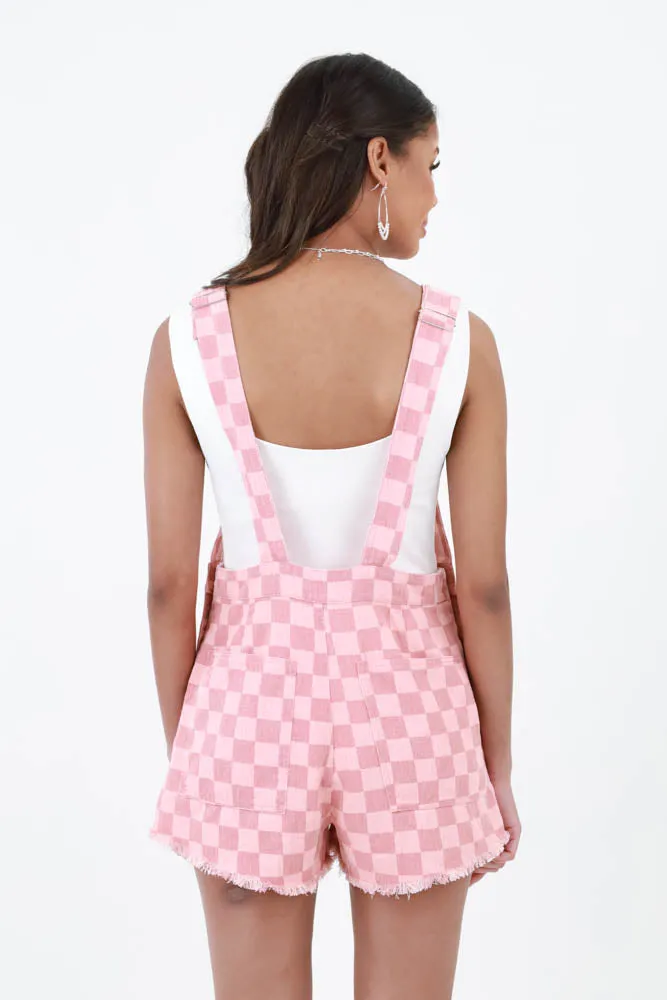 Checkered Denim Short Overalls -Pink