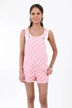 Checkered Denim Short Overalls -Pink