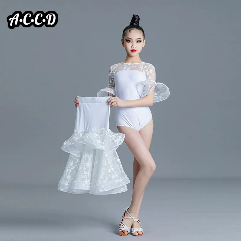 Children' Girls White Pink Green Lace Ballroom Dance Dresses for Kids Waltz Ballroom Tango Dance Competition Performance Clothes