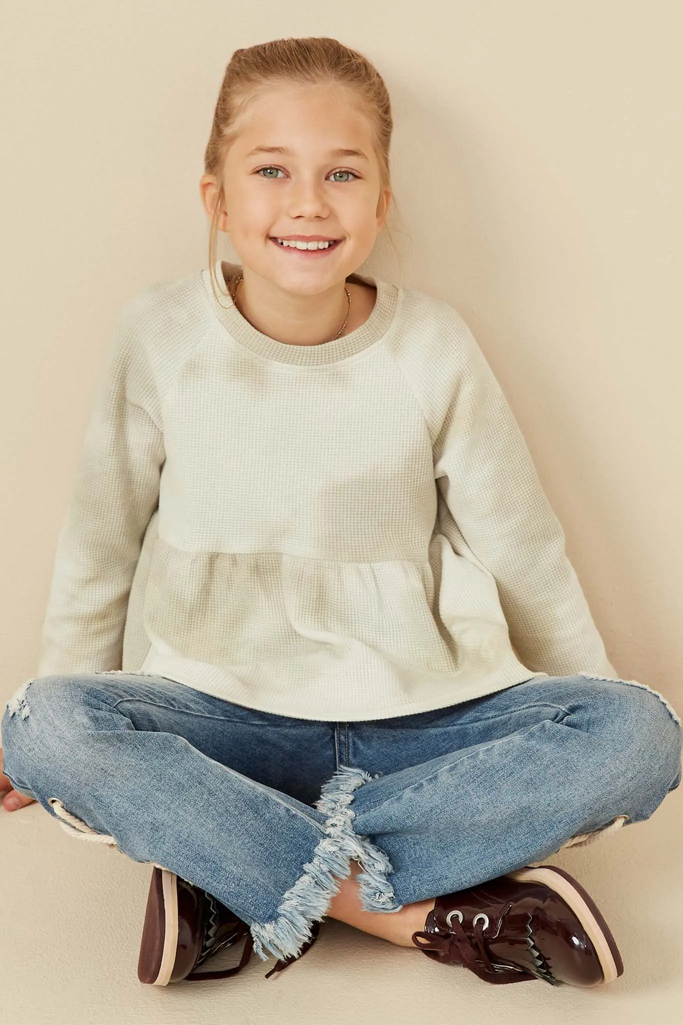 Cloud Printed Waffle Knit Raglan Peplum Top