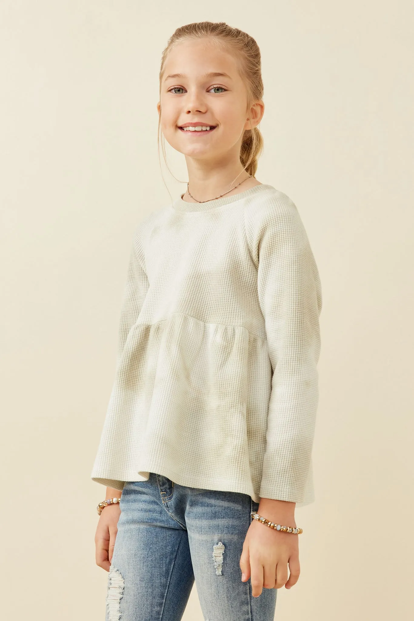Cloud Printed Waffle Knit Raglan Peplum Top