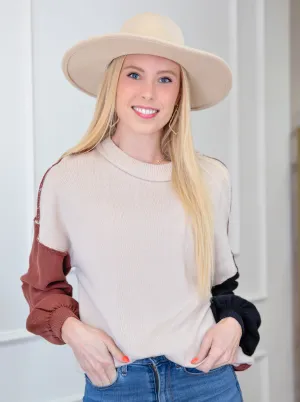 Colorblock Bishop Sleeve Ribbed Trim Sweater