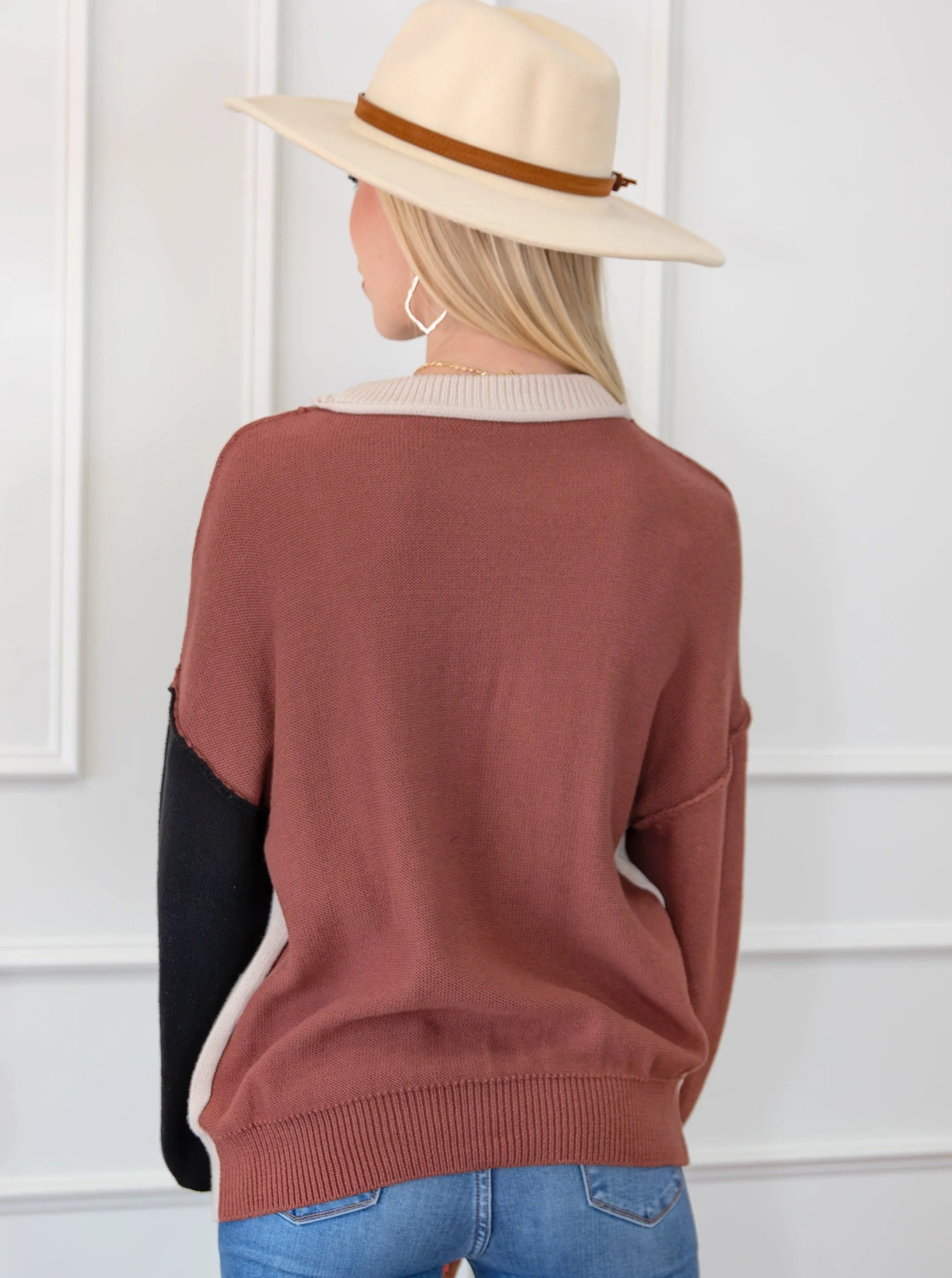 Colorblock Bishop Sleeve Ribbed Trim Sweater