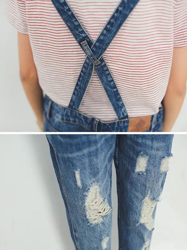 contemporary ripped denim overalls