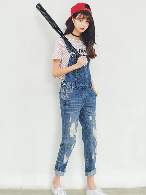 contemporary ripped denim overalls