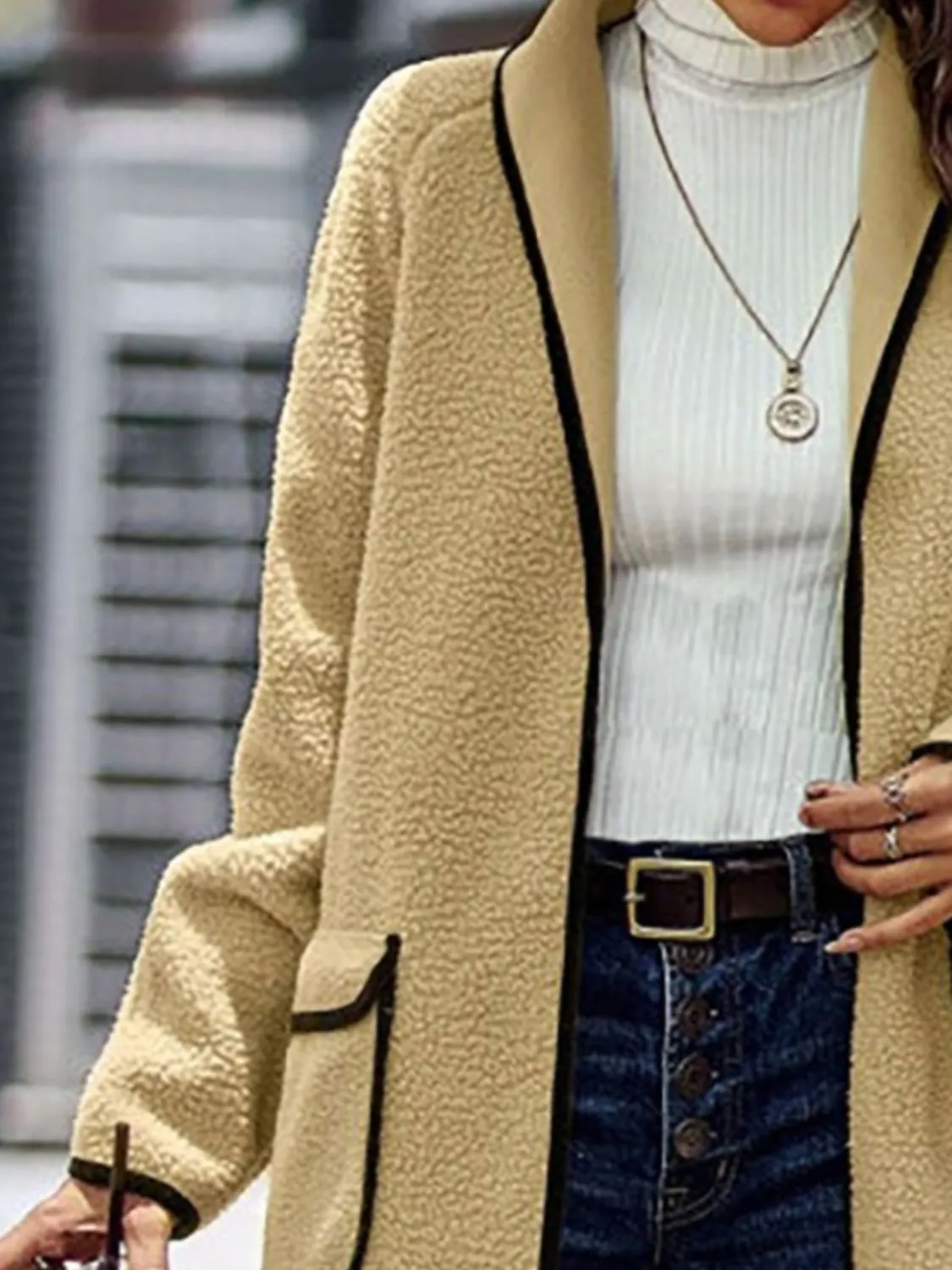 Contrast Trim Long Sleeve Coat with Pockets