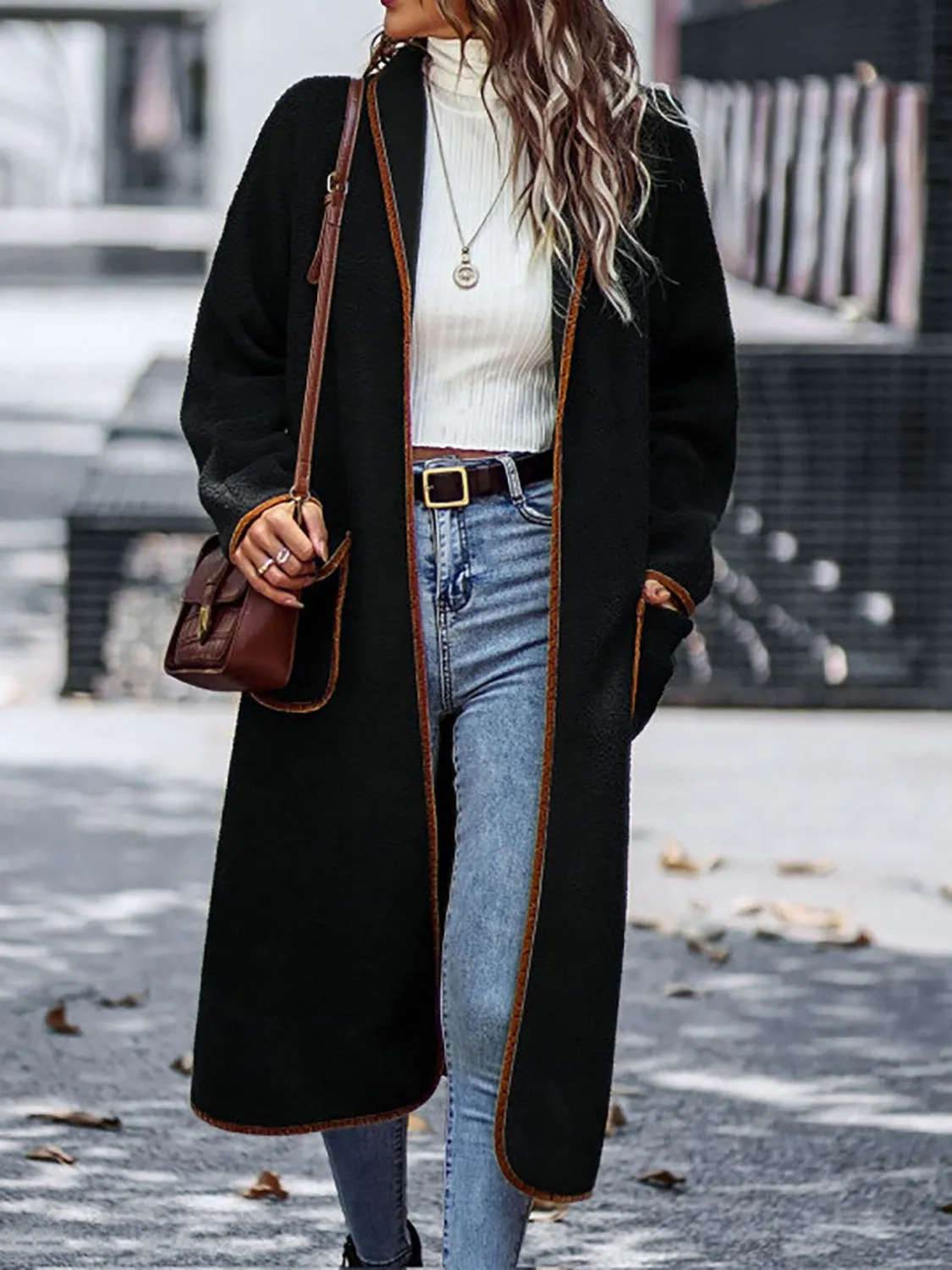 Contrast Trim Long Sleeve Coat with Pockets