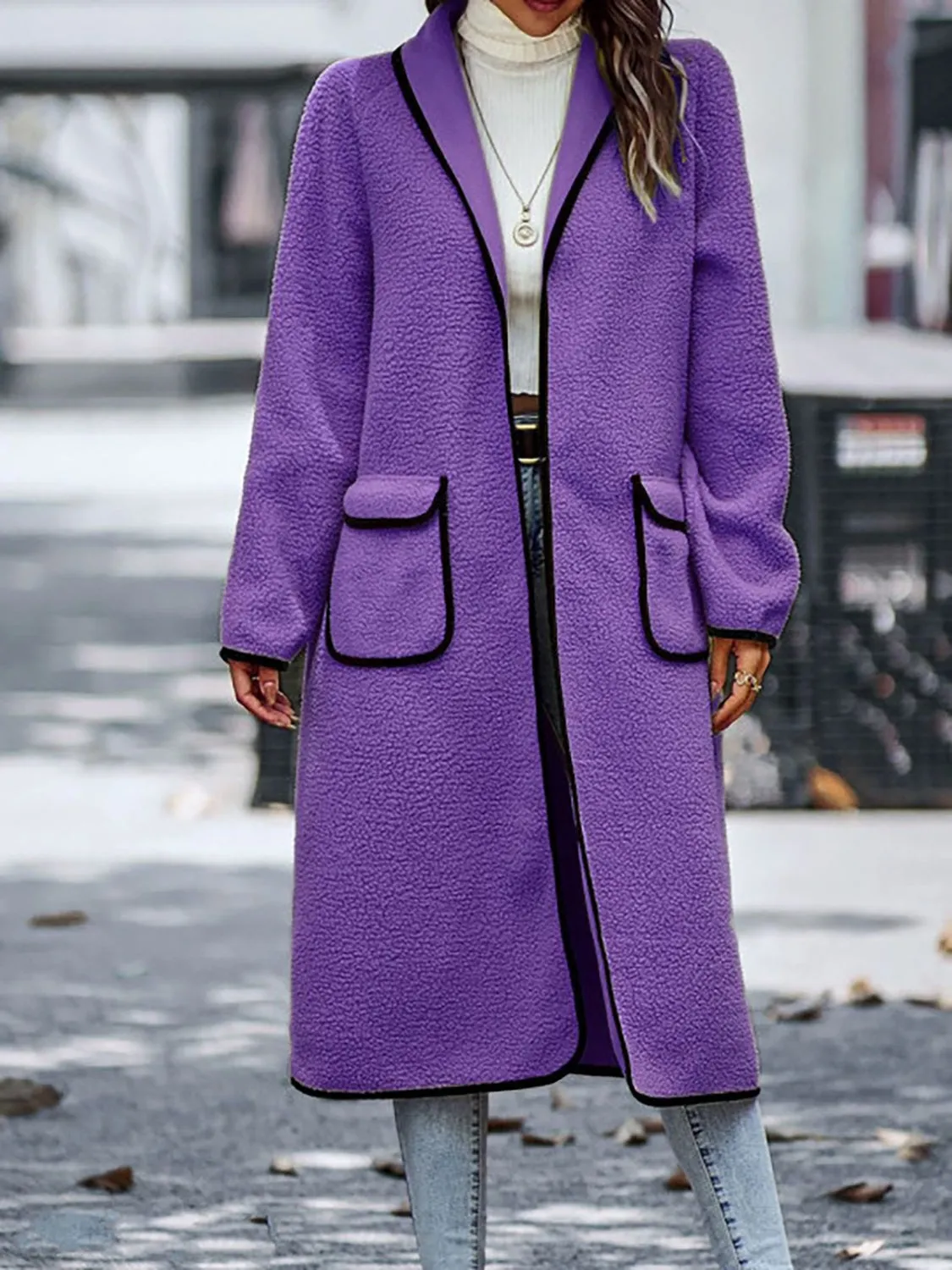 Contrast Trim Long Sleeve Coat with Pockets