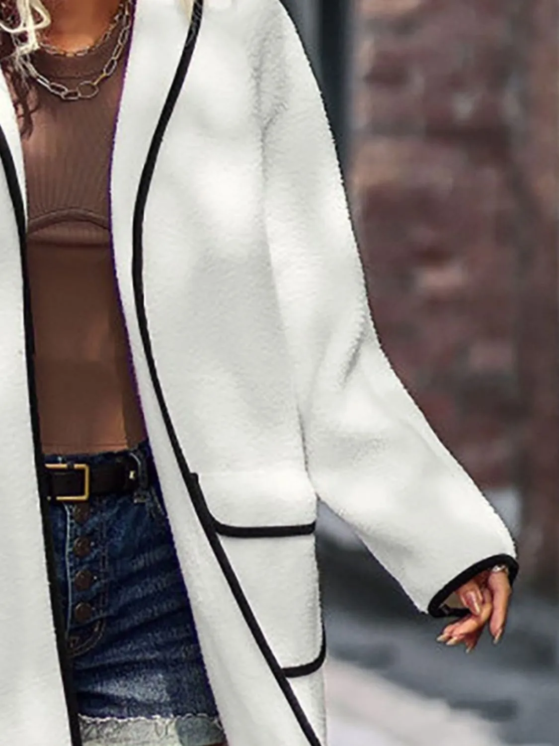 Contrast Trim Long Sleeve Coat with Pockets