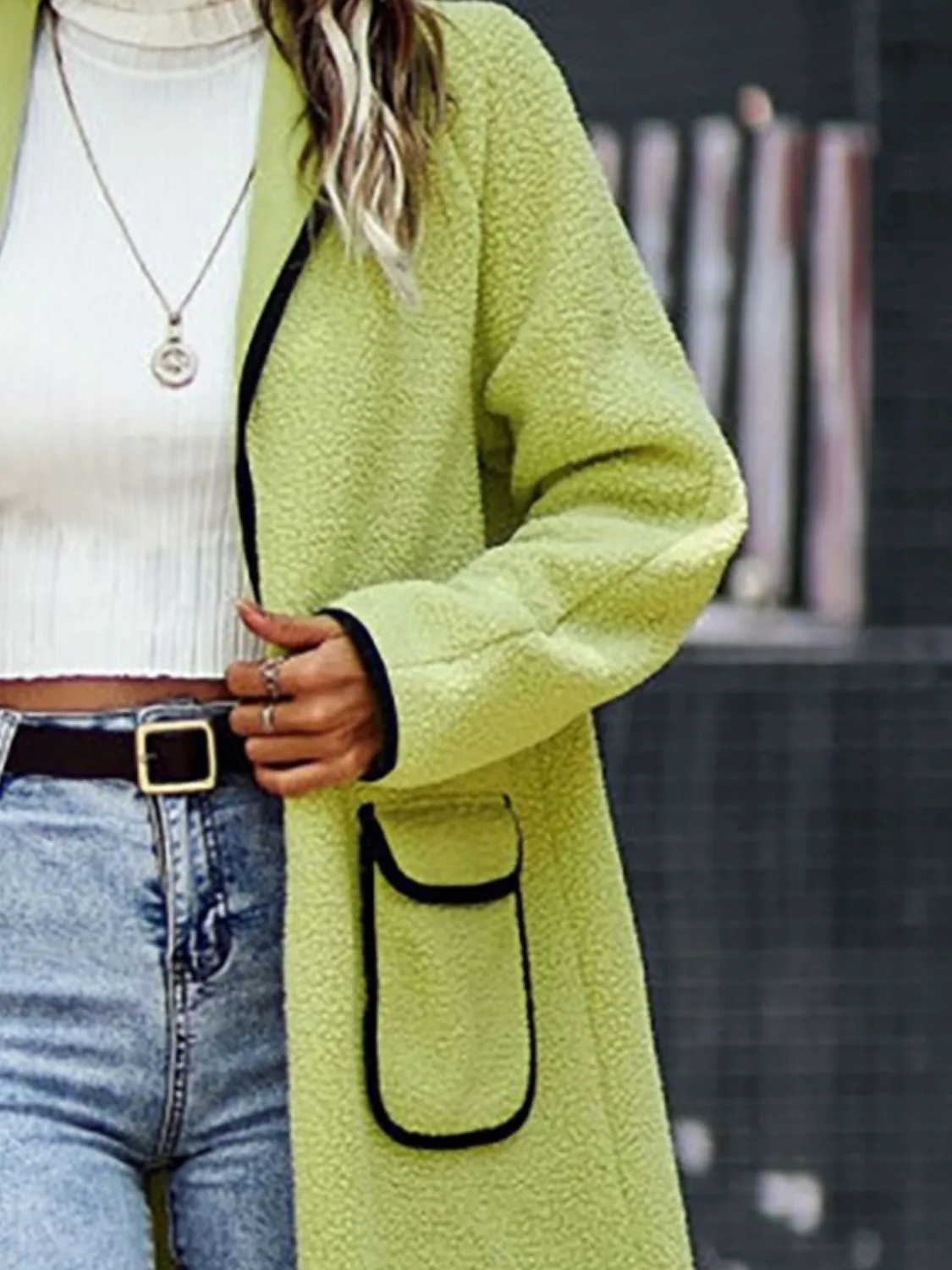 Contrast Trim Long Sleeve Coat with Pockets