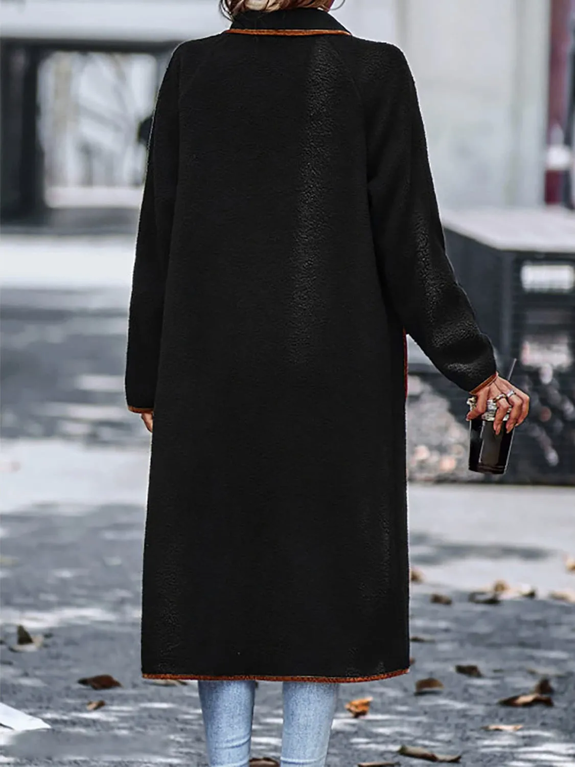 Contrast Trim Long Sleeve Coat with Pockets