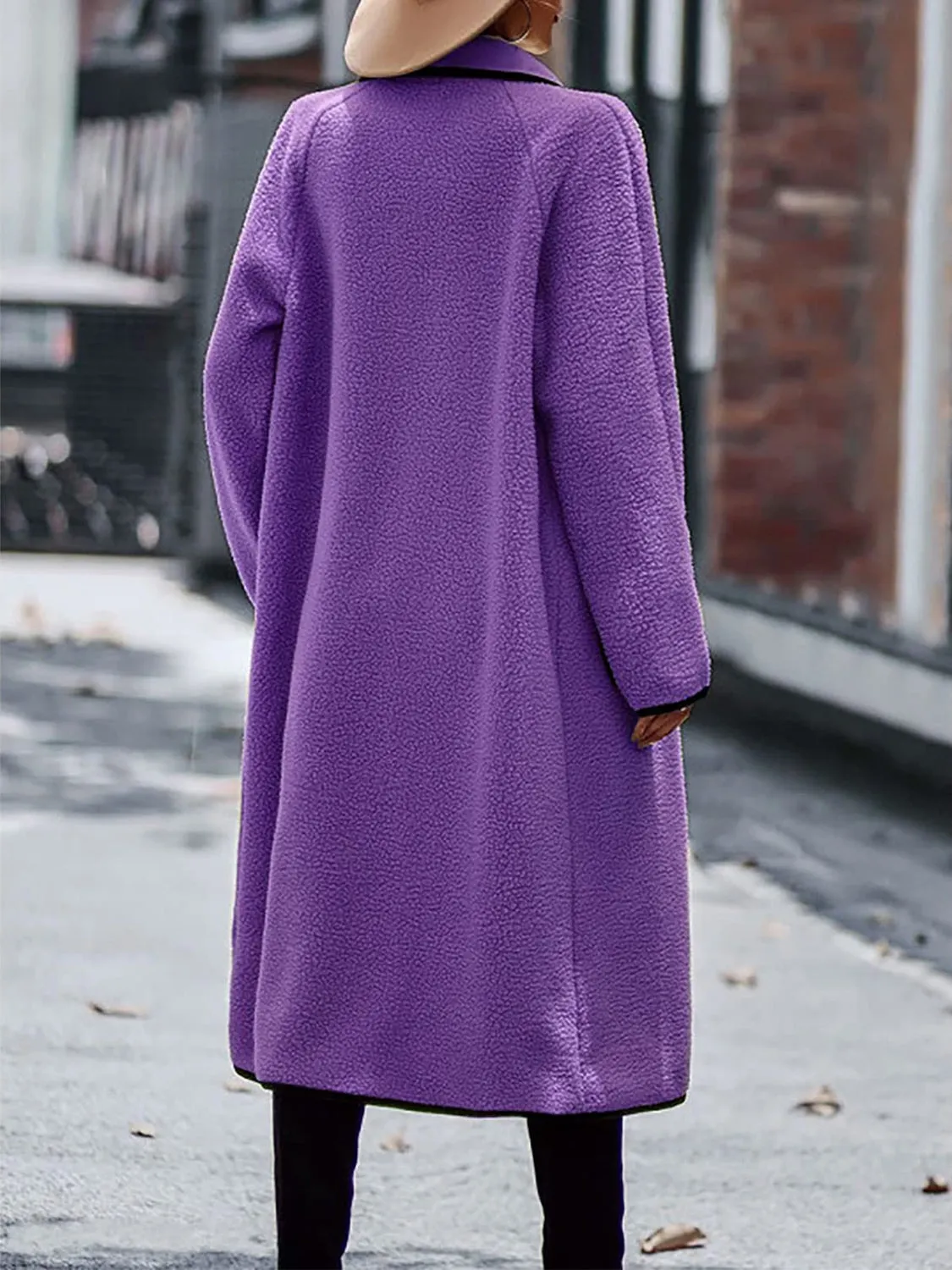 Contrast Trim Long Sleeve Coat with Pockets