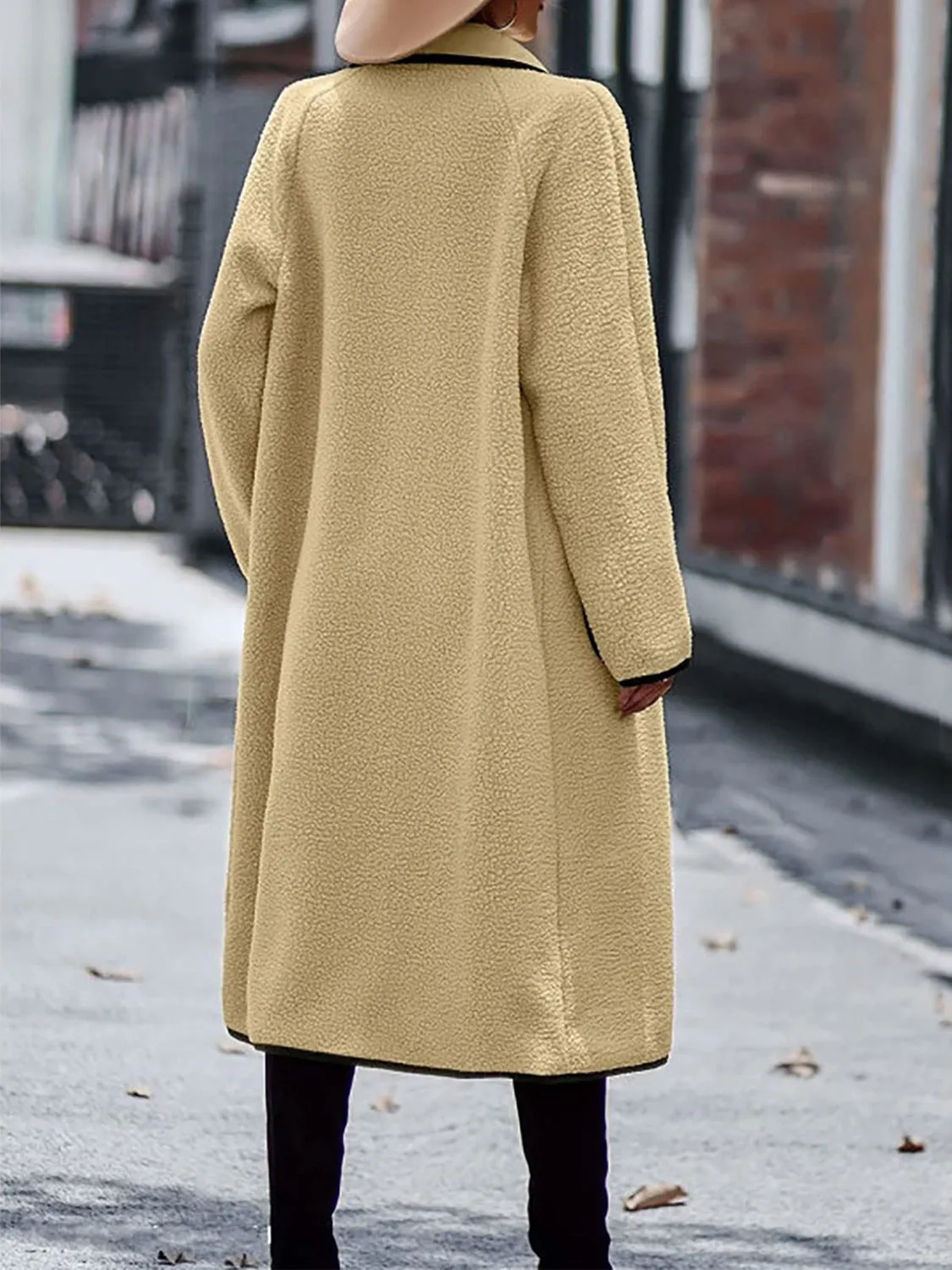 Contrast Trim Long Sleeve Coat with Pockets