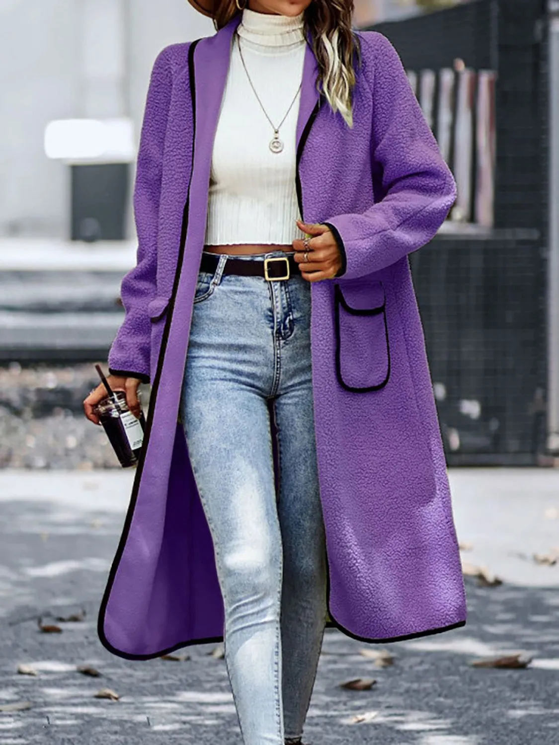 Contrast Trim Long Sleeve Coat with Pockets