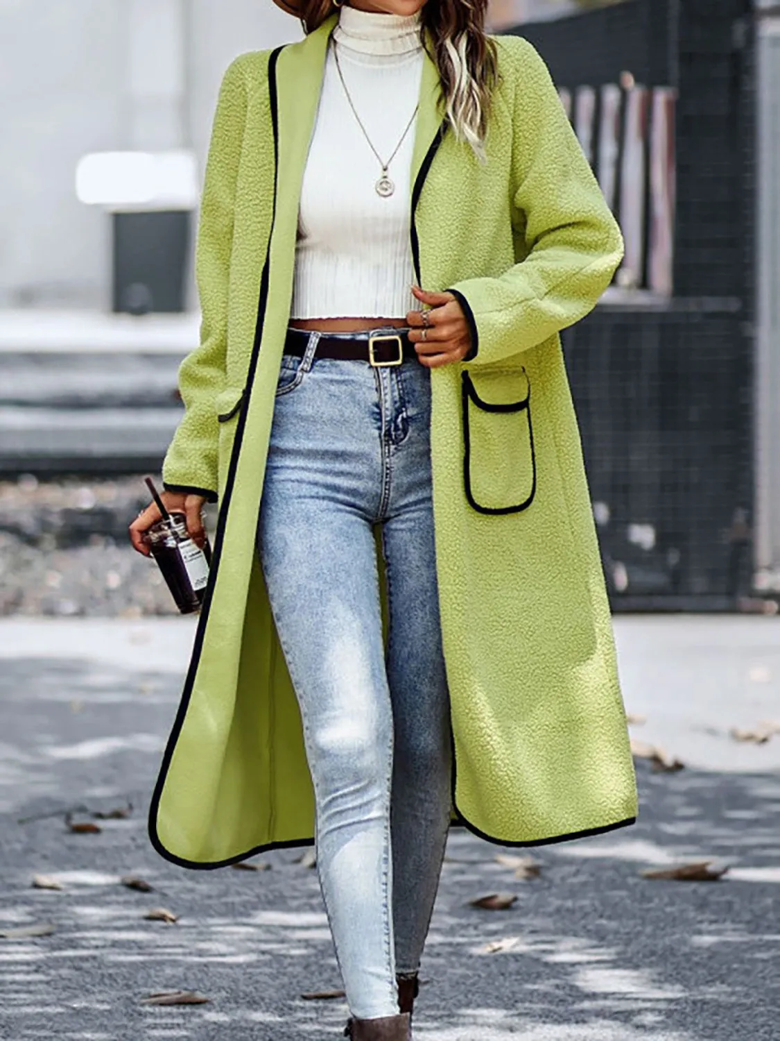 Contrast Trim Long Sleeve Coat with Pockets