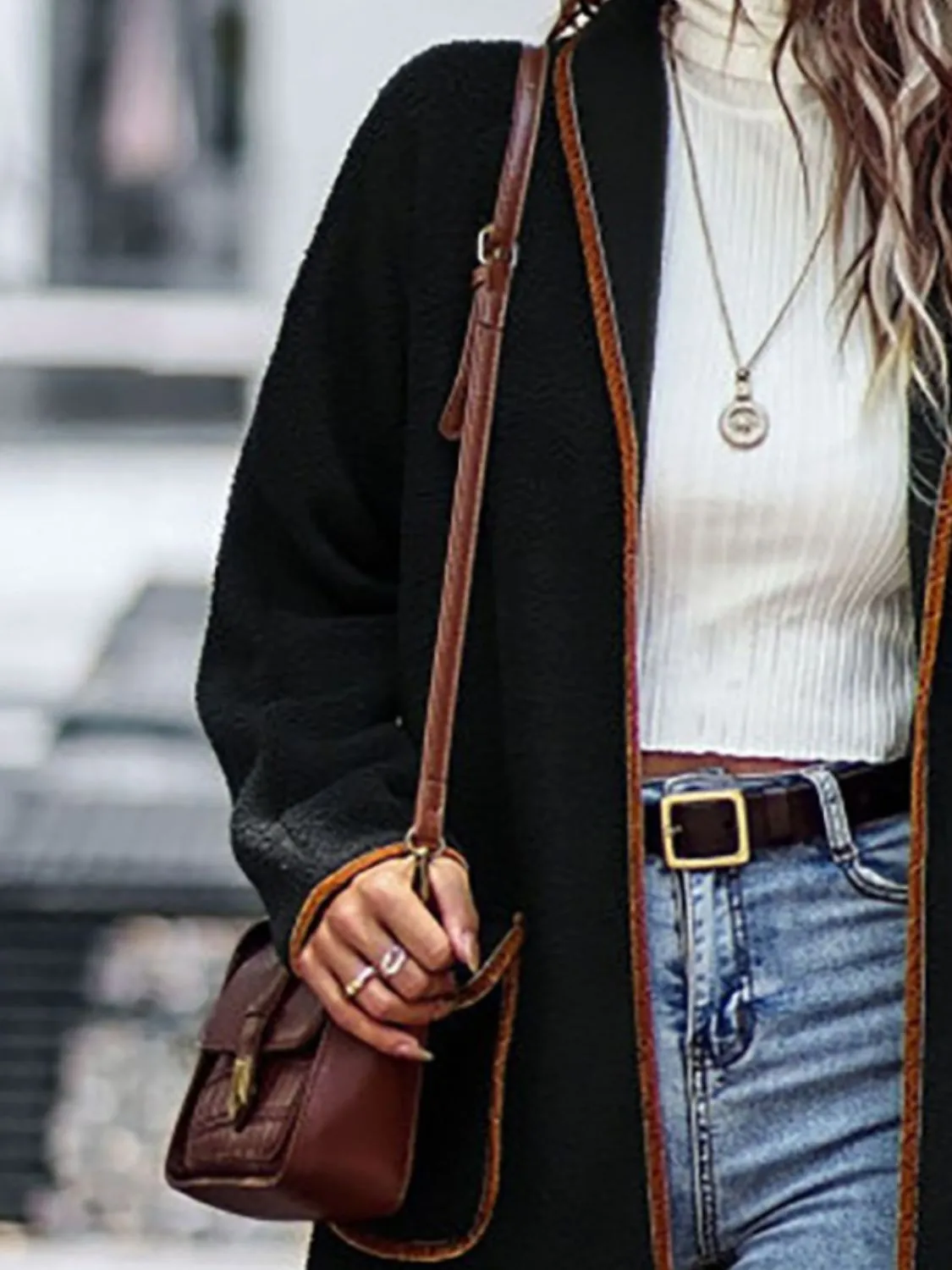 Contrast Trim Long Sleeve Coat with Pockets