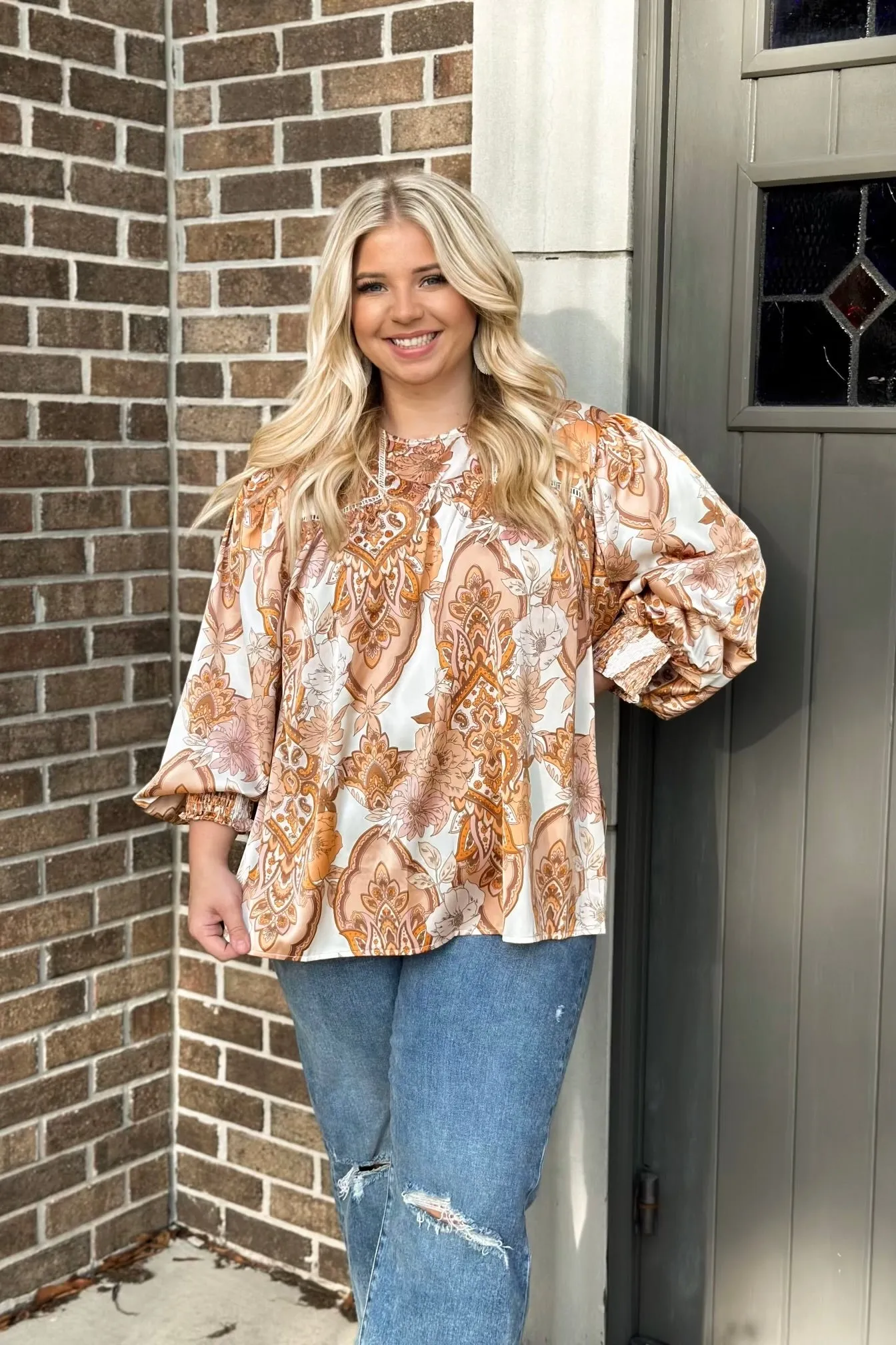 Cream and Brown Floral Print Peasant Top *Final Sale*