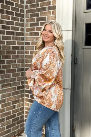 Cream and Brown Floral Print Peasant Top *Final Sale*