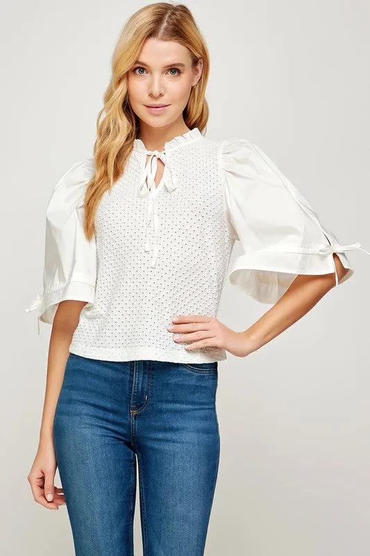 Crochet Top with Poplin Short Sleeve