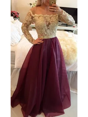 Custom Made Long Sleeves Lace Maroon Prom Dress with Golden Top, Maroon And Golden Formal Dress