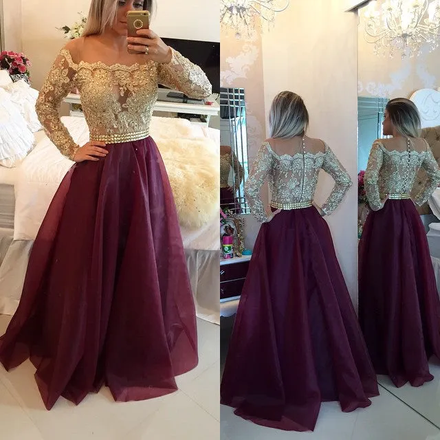 Custom Made Long Sleeves Lace Maroon Prom Dress with Golden Top, Maroon And Golden Formal Dress