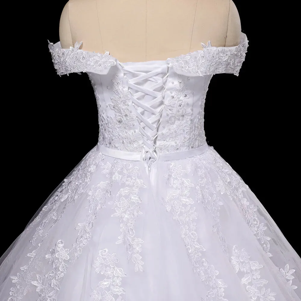 Customized Vestido De Noiva Pearls Lace Wedding Dress Robe Princess Mariage Plus Size Long Train Bridal Wedding Gowns