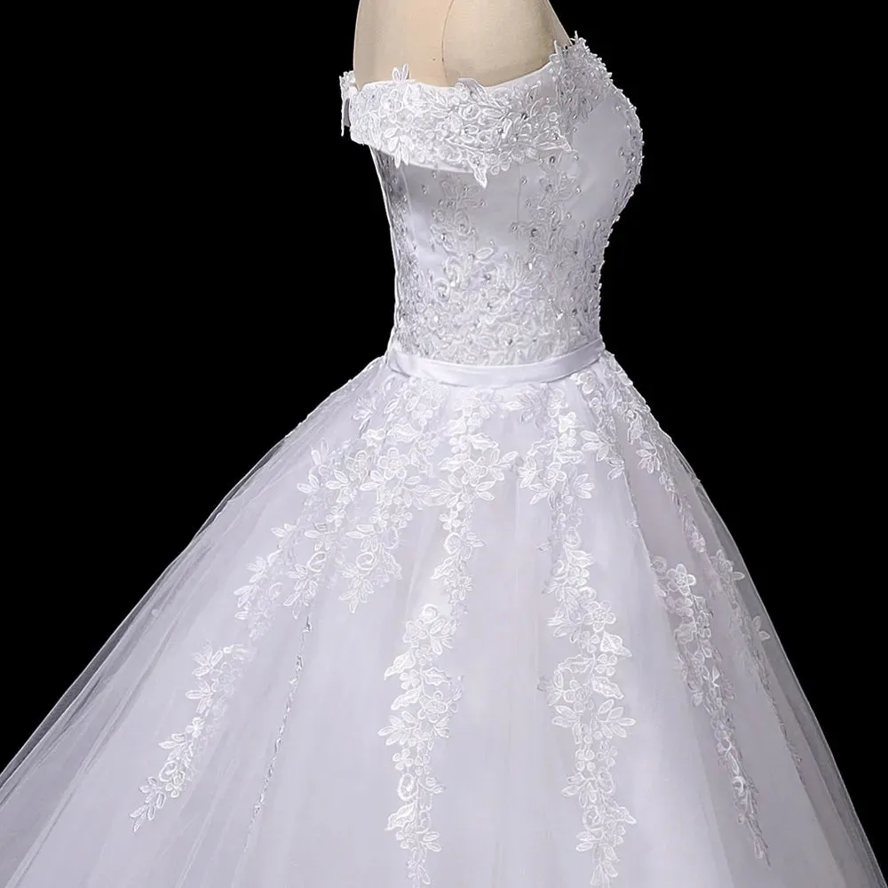 Customized Vestido De Noiva Pearls Lace Wedding Dress Robe Princess Mariage Plus Size Long Train Bridal Wedding Gowns
