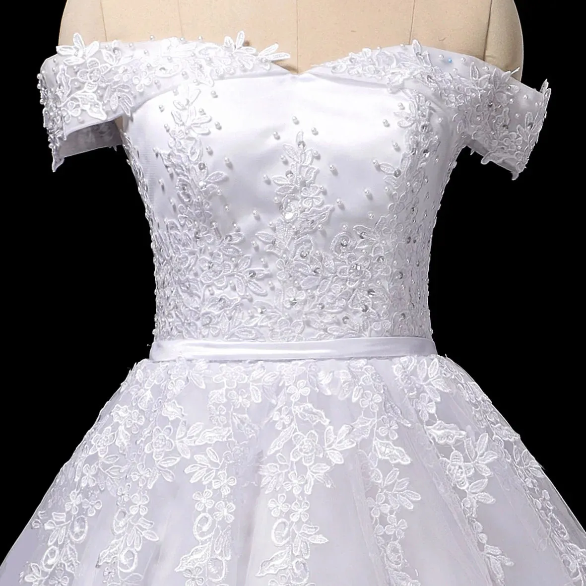 Customized Vestido De Noiva Pearls Lace Wedding Dress Robe Princess Mariage Plus Size Long Train Bridal Wedding Gowns