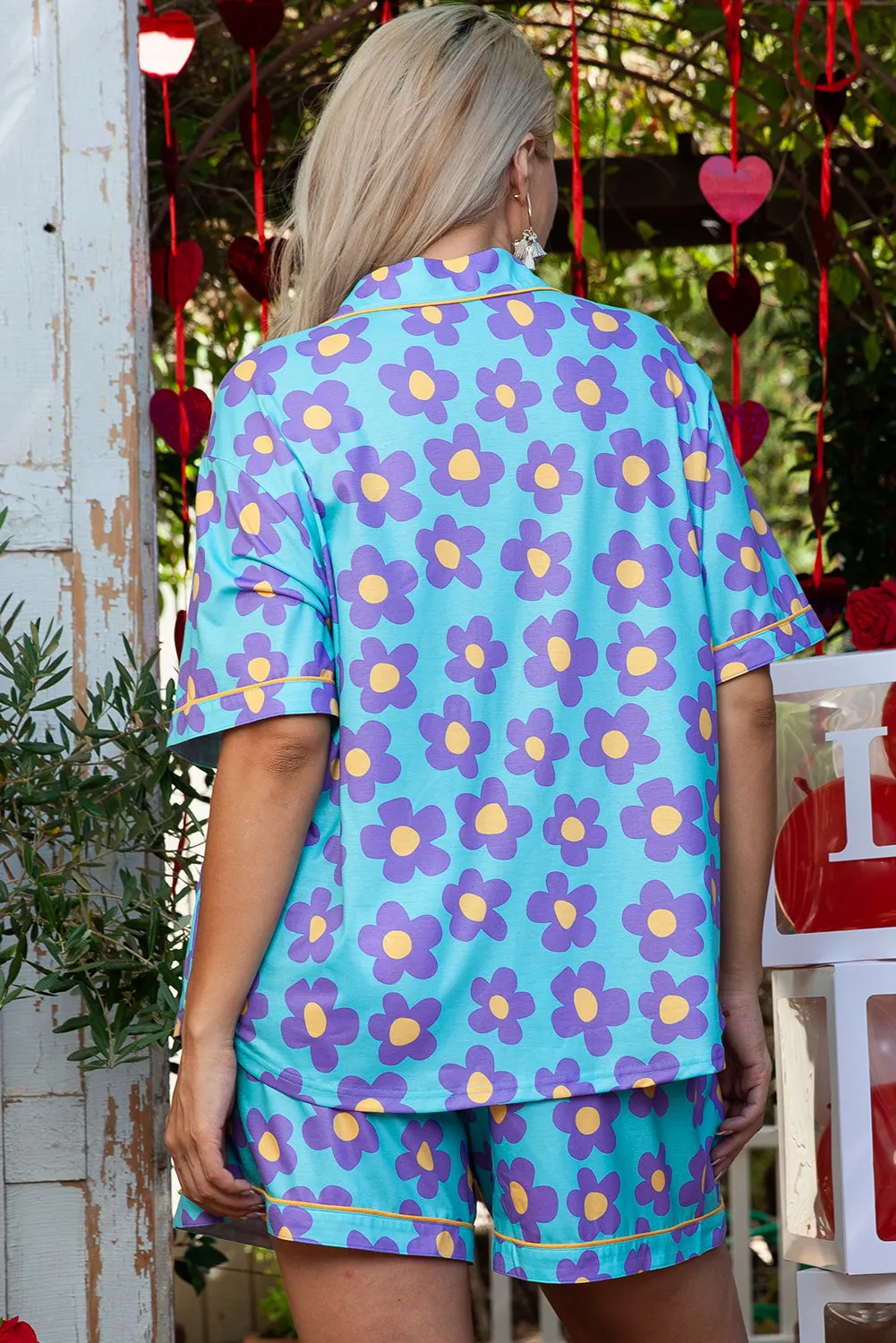 Cute Flower Print Plus Size Short PJ Set