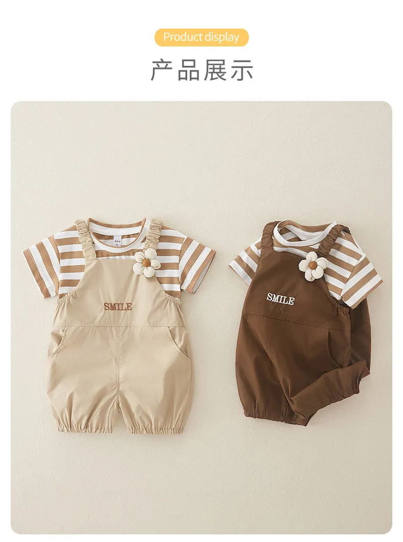 Cute pure cotton short-sleeved girls overalls two-piece suit