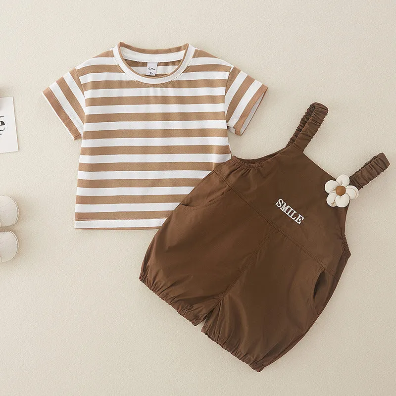 Cute pure cotton short-sleeved girls overalls two-piece suit
