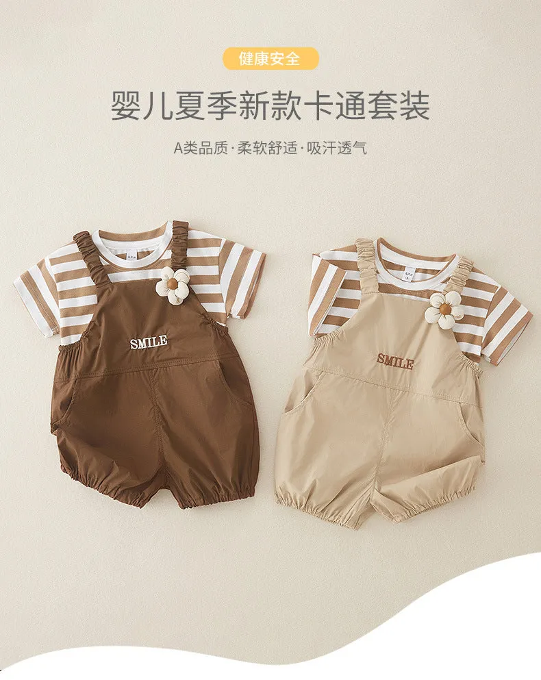 Cute pure cotton short-sleeved girls overalls two-piece suit