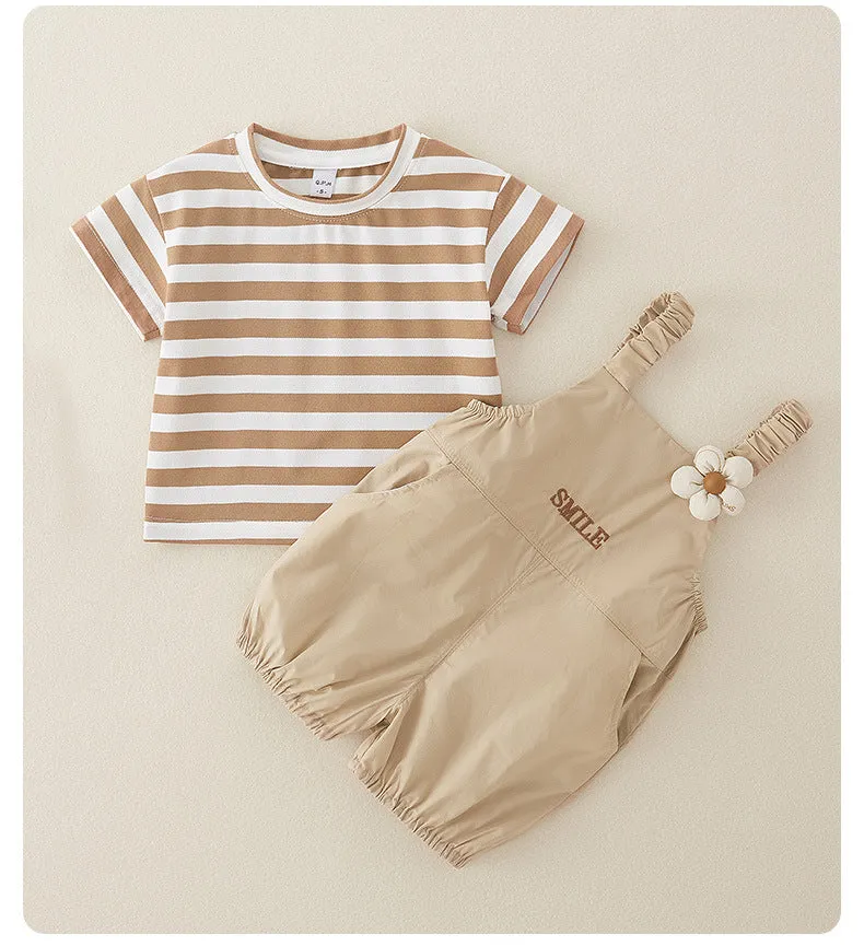 Cute pure cotton short-sleeved girls overalls two-piece suit