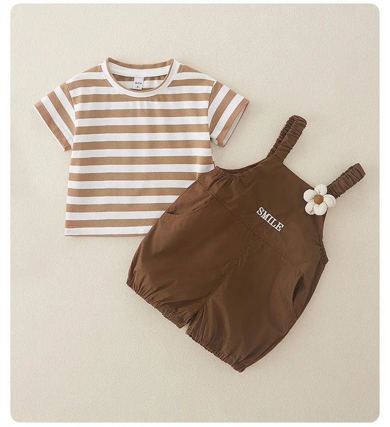 Cute pure cotton short-sleeved girls overalls two-piece suit
