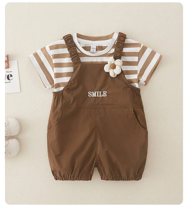 Cute pure cotton short-sleeved girls overalls two-piece suit