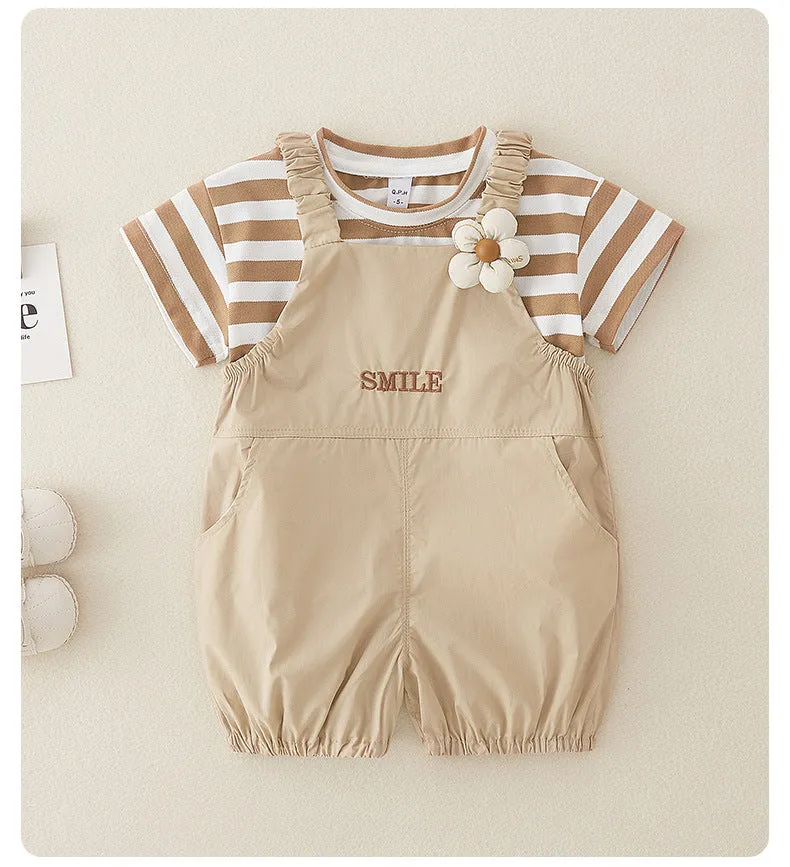 Cute pure cotton short-sleeved girls overalls two-piece suit