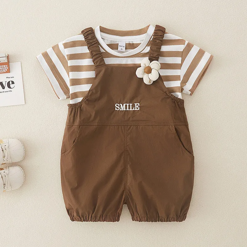 Cute pure cotton short-sleeved girls overalls two-piece suit