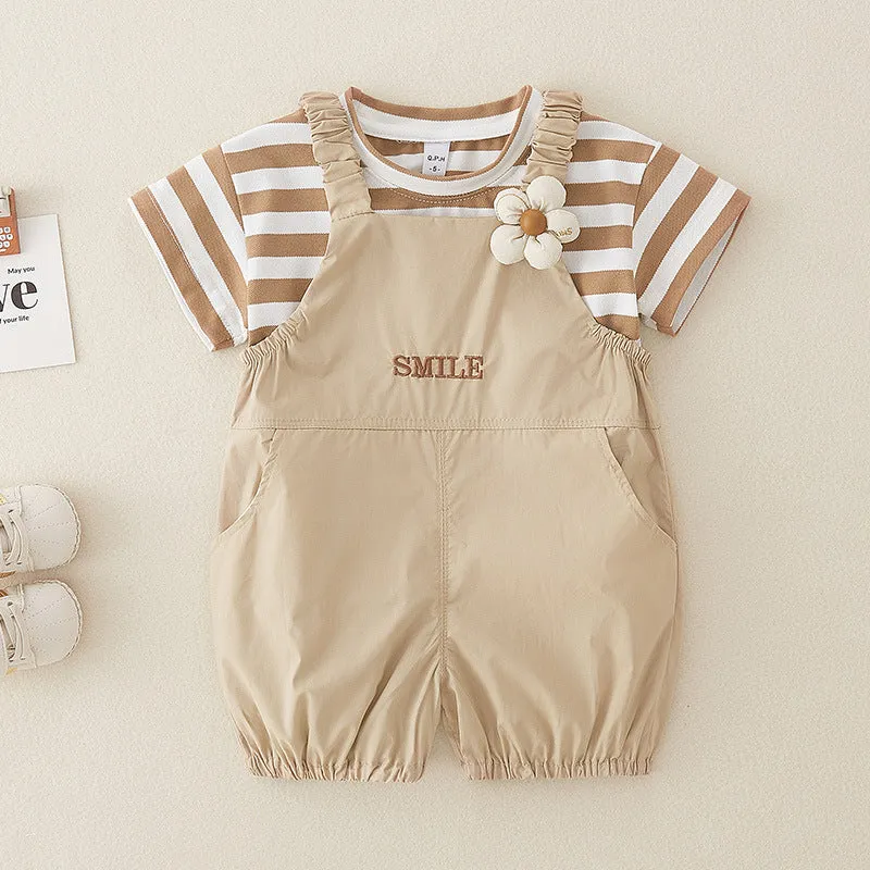Cute pure cotton short-sleeved girls overalls two-piece suit