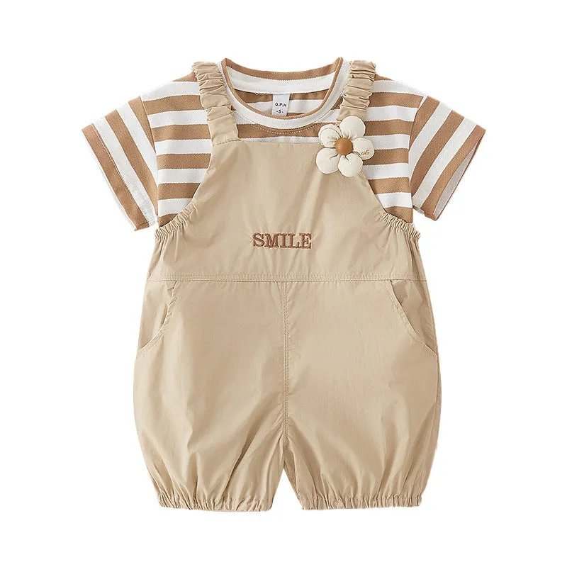 Cute pure cotton short-sleeved girls overalls two-piece suit