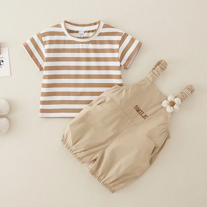 Cute pure cotton short-sleeved girls overalls two-piece suit