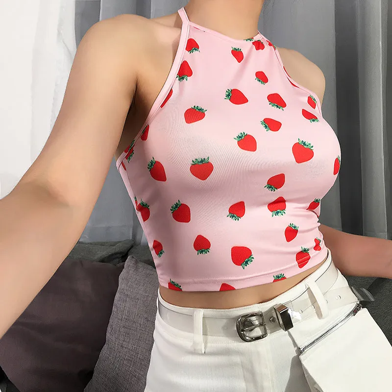 Cute Strawberry Pattern Halter Crop Tops
