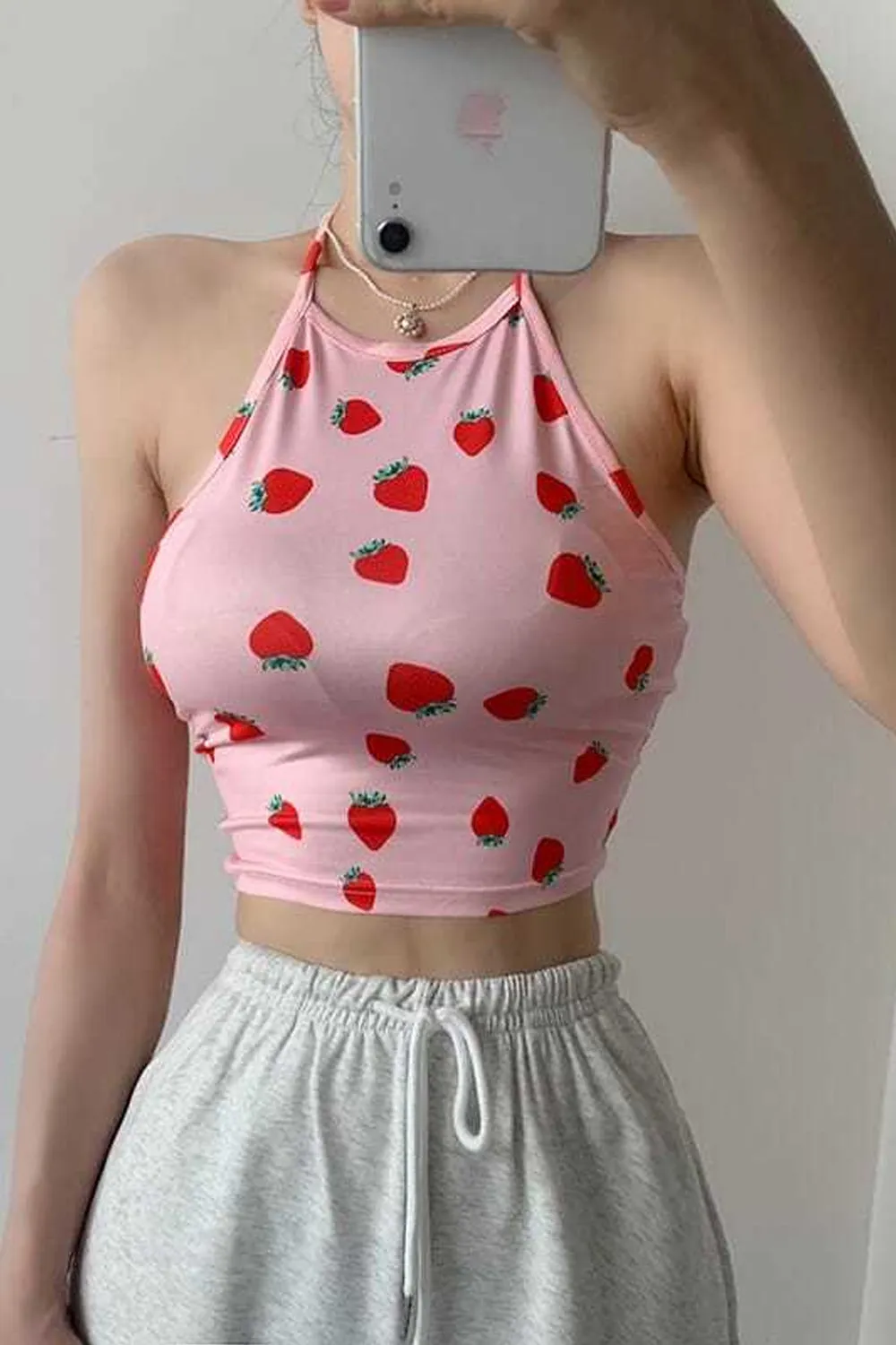 Cute Strawberry Pattern Halter Crop Tops